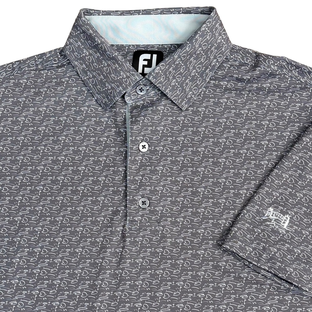 FootJoy St Andrews Swilcan Golf Polo Shirt Mens M Grey Doodle Pattern